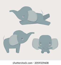 Set of cute cartoon baby elephant in different poses. Vector illustration. Happy friendly animal illustration on light beige background.


