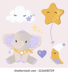 Set of cute cartoon baby elephant graphic elements for card, sticker, nursery decoration or baby shower invitation design.