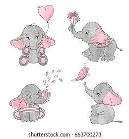 Set of cute cartoon baby elephants. Vector watercolor illustration. 