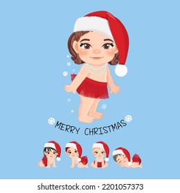 Set of Cute Cartoon Baby Girls in a Santa hat on a light blue background vector