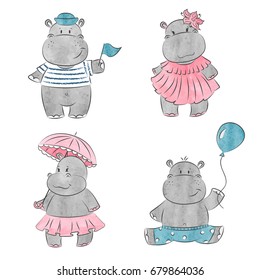 Set of cute cartoon baby Hippo. Vector watercolor illustration.