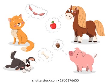 Set of cute cartoon baby pets. Cat, pig, horse, dog. with their favorite food in thought bubbles. Set of hand drawn flat cartoon vector illustrations isolated on white background