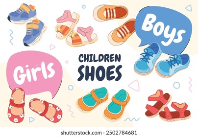 Set süßer Cartoon-Babyschuhe. Modische süße Schuhe für Jungen und Mädchen. Kinderbekleidungsgeschäft. Vektorgrafik