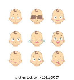 Set of cute cartoon baby or toddler with different funny emotions in flat design cartoon character. Cute children with dissatisfied, business, smiling, crying, laughing, smiling and disgusted face.
