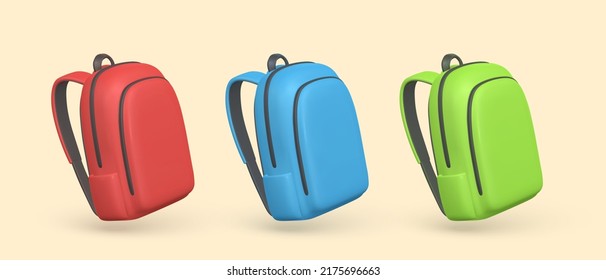 Set of cute cartoon backpacks. 3d realistic school bags. Back to school concept. Vector illustration.