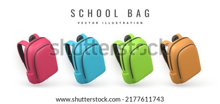 Set of cute cartoon backpacks. 3d realistic school bags. Back to school concept. Vector illustration.