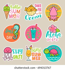 Set of cute cartoon badges, colorful fun stickers design, summer holidays concept elements.
