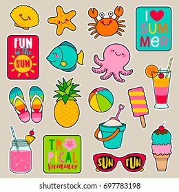 Set of cute cartoon badges, colorful fun stickers design, summer holidays concept elements.
 svg