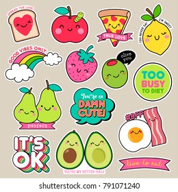 Set of cute cartoon badges, fun food character vector, girl fashion patches.