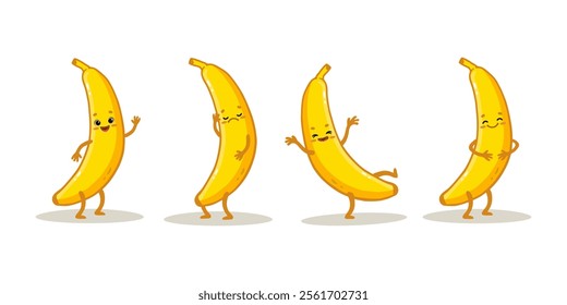 set of cute cartoon bananas characters with emotions isolated on white background. Yellow banana in different poses. Funny fruit. Vector illustration.
