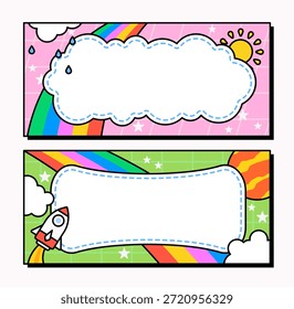 Conjunto de lindos marcos de Anuncio de dibujos animados con arco iris, nubes, sol, estrellas y un cohete. Perfecto para diseños infantiles, carteles, cabeceras, pegatinas y temas educativos o de fantasía.