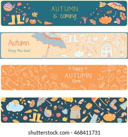 Set of cute cartoon banners. Vector design template with hand drawn autumn icons. Make clipping mask. Clip art for design.
