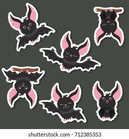 Set of cute cartoon bat stickers. Happy Halloween.