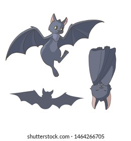 Set of cute cartoon bats. Isolated objects on white background.Decor elements for gift card and kids products. Vector illustration.