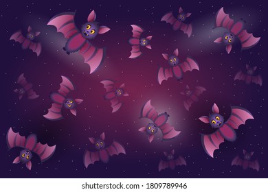 Set of cute cartoon bats in purple night. Happy Halloween.