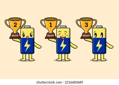 Set of cute cartoon Battery holding trophy with happy expression in 3d modern style design