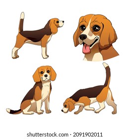 set of cute cartoon beagle dog poses