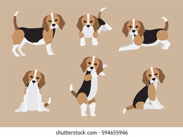 Set von süßen Cartoon Beagle im modernen Flachstil. Tiercharakter, isolierter Hintergrund.  