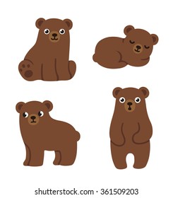 Set of cute cartoon bear cubs with funny faces and different poses. Simple, modern style vector illustration.