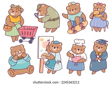 Set of Cute Cartoon Bear Doing Various Activities 