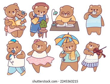 Set of Cute Cartoon Bear Doing Various Activities 