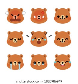 Set of cute cartoon bear emoji set isolated on white background. Vector Illustration.