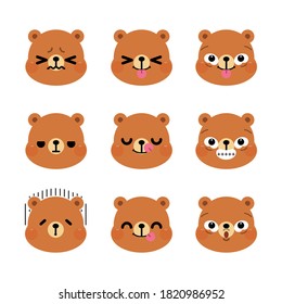 Set of cute cartoon bear emoji set isolated on white background. Vector Illustration.