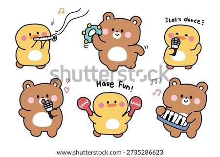 Set of cute cartoon bear and little chick playing musical instruments. Happy animal band singing, dancing, and holding microphone, tambourine, maracas, and melodica.Kawaii.
