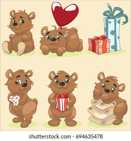 Set of cute cartoon bear posing in different positions and design elements like present box, heart balloon, pillows and  camomile flowers.
