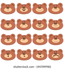 Un conjunto de adorables osos de dibujos animados con diferentes expresiones faciales aisladas en fondo blanco. Colección de emociones animales. Emoji y emoticonos: feliz, triste, sorprendido, enojado, complacido. Ilustración del vector