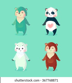 Set of cute cartoon bears, including brown, panda and polar. Vector illustration.