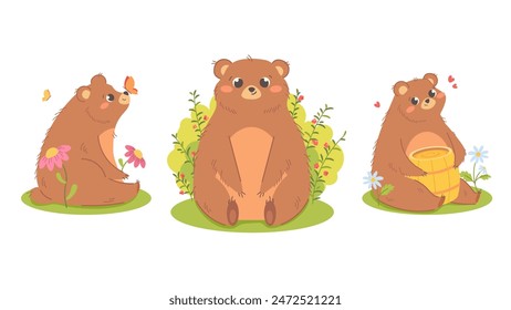 Conjunto de osos de dibujos animados lindos para los niños. Oso con barril de miel, oso con mariposa en la nariz, oso durmiente, oso con arbusto de frambuesa. Ilustración vectorial