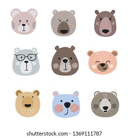 Set of cute cartoon bears. Vector little bear heads.