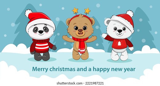 set of cute cartoon bears in winter clothes isolated on winter background.Panda cub,teddy bear, polar bear on christmas card.Vector illustration