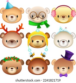 the set cute cartoon bears in winter clothes and Christmas costume accessories. funny animals greeting  on new year. greeting card concept. vector illustration.