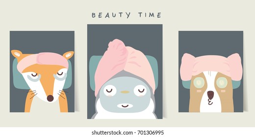 Set of cute cartoon  Beauty Time characters. Vector illustration.