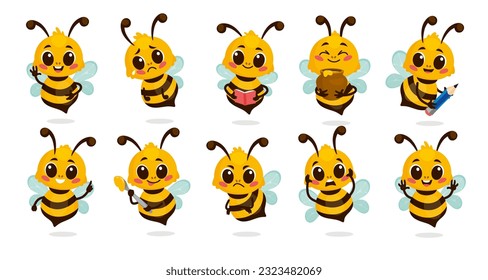 Conjunto de adorables personajes de abejas de dibujos animados aislados en fondo blanco. Personajes de abejas con diferentes emociones, sosteniendo una olla de miel, un libro, un lápiz y una cuchara. Colección vectorial de emoticonos.