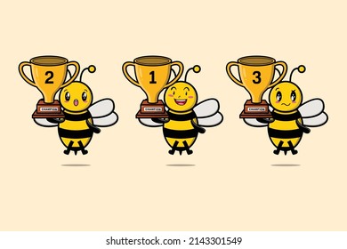 Set of cute cartoon bee holding trophy with happy expression in 3d modern style design