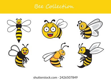 Set of cute cartoon bee. Vector illustration isolated on white background.