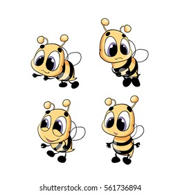 A set of cute cartoon bees. Four isolated bees for design element.