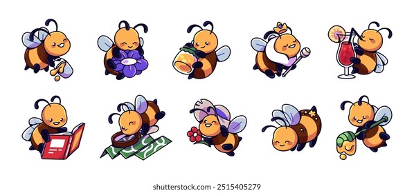 Conjunto de abejas de dibujos animados lindos. Abejas divertidas que vuelan con la flor, leer el libro. El abejorro bebé feliz se divierte. Divertido insecto rayado con tarro de miel. Ilustraciones vectoriales aisladas planas sobre fondo blanco