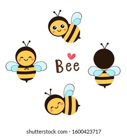 Set of cute cartoon bees with hand writing text and heart isolated on white background vector illustration.