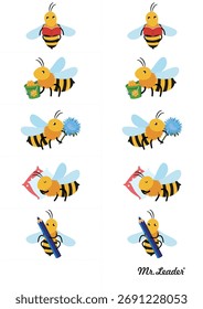 Set of cute cartoon bees on a white background. Vector illustration.