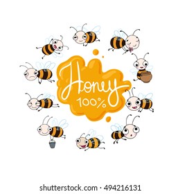 Set with cute cartoon bees. Vector illustration. lettering "Honey". Natural healthy food production.
