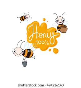 Set with cute cartoon bees. Vector illustration. lettering "Honey". Natural healthy food production.