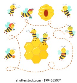Set of cute cartoon bees working, reading, resting, carrying honey to the beehive.