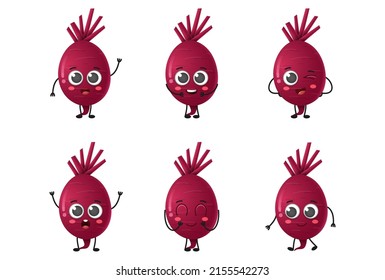 Set of cute cartoon beet vegetables vector character set isolated on white background