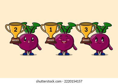 Set of cute cartoon Beetroot holding trophy with happy expression in 3d modern style design