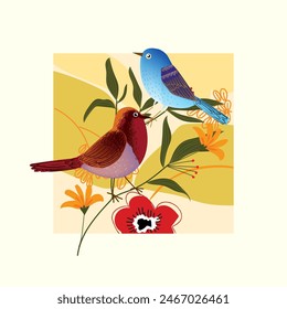 Conjunto de lindo pájaro de dibujos animados en las plantas, árbol, rama en la Ilustración vectorial de fondo. Colección de aves y naturaleza.