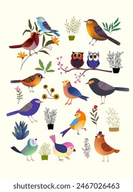 Set of cute cartoon bird on plants, tree, branch on background vector illustration. Bird and nature collection.